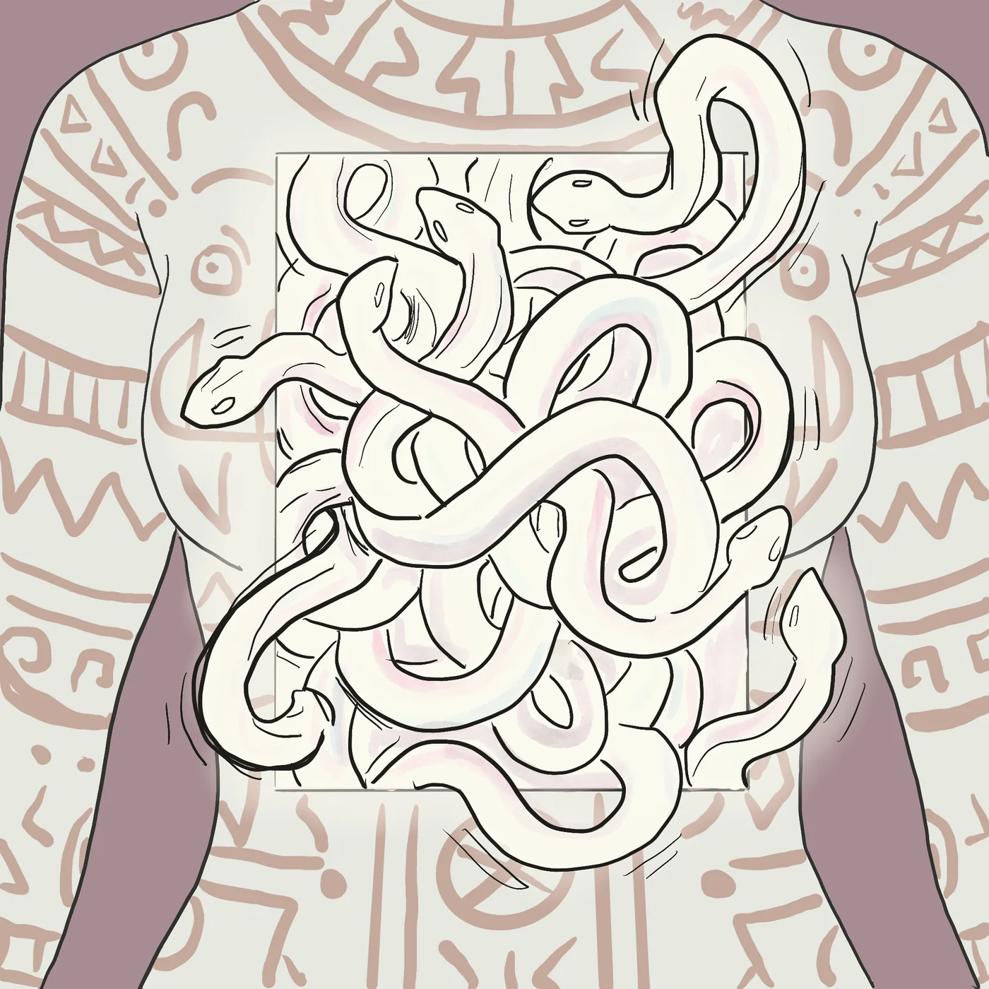 Close-up cutout showing the interior of the spirit body — a chaotic tangle of pearlescent serpents writhing against each other, the framed view of an agitated state