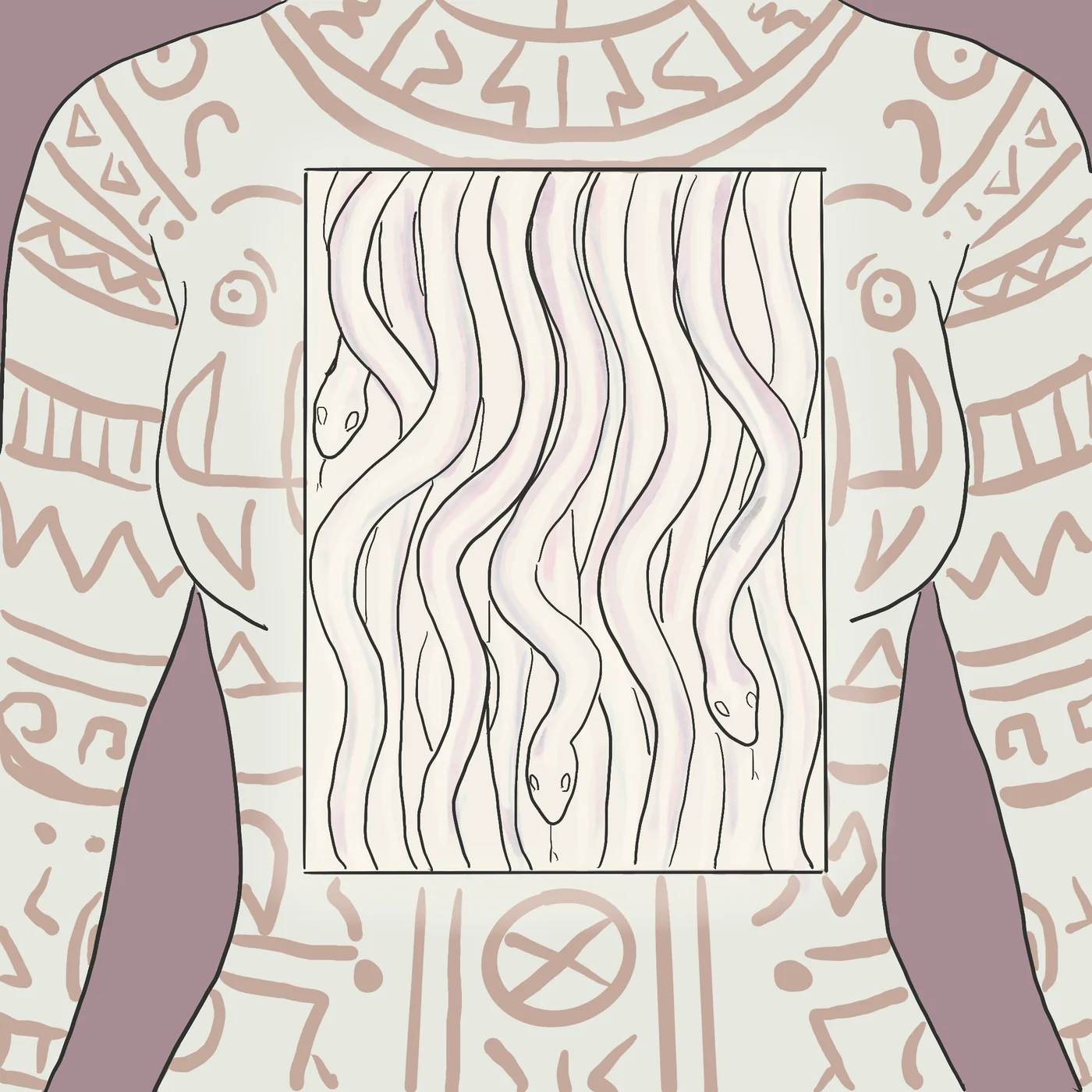 Close-up cutout showing the interior of the spirit body — pearlescent serpents flowing in parallel vertical lines, calm and coordinated, the same framed view after the box technique