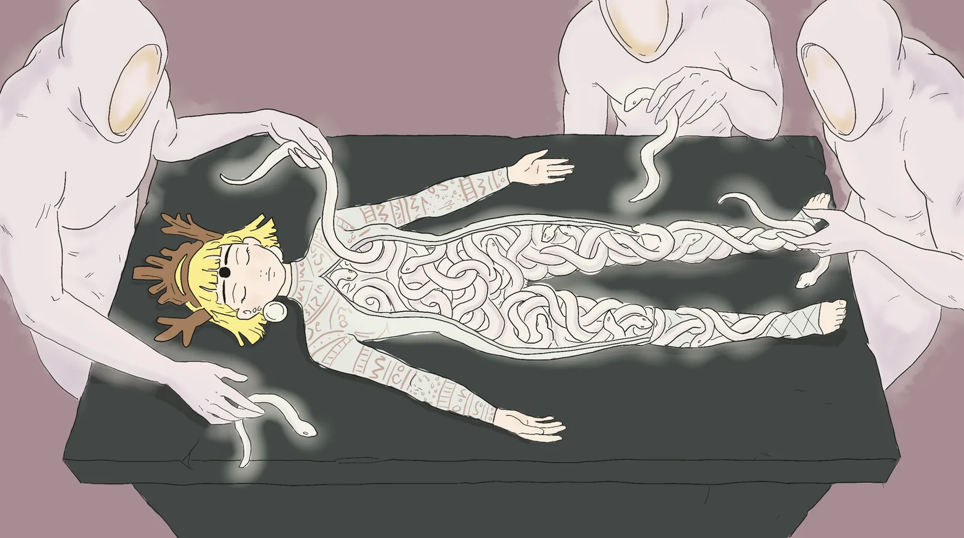 Embe lying on a dark healing table, faceless pale beings around her, slow hands drawing serpent-shaped masses from her body