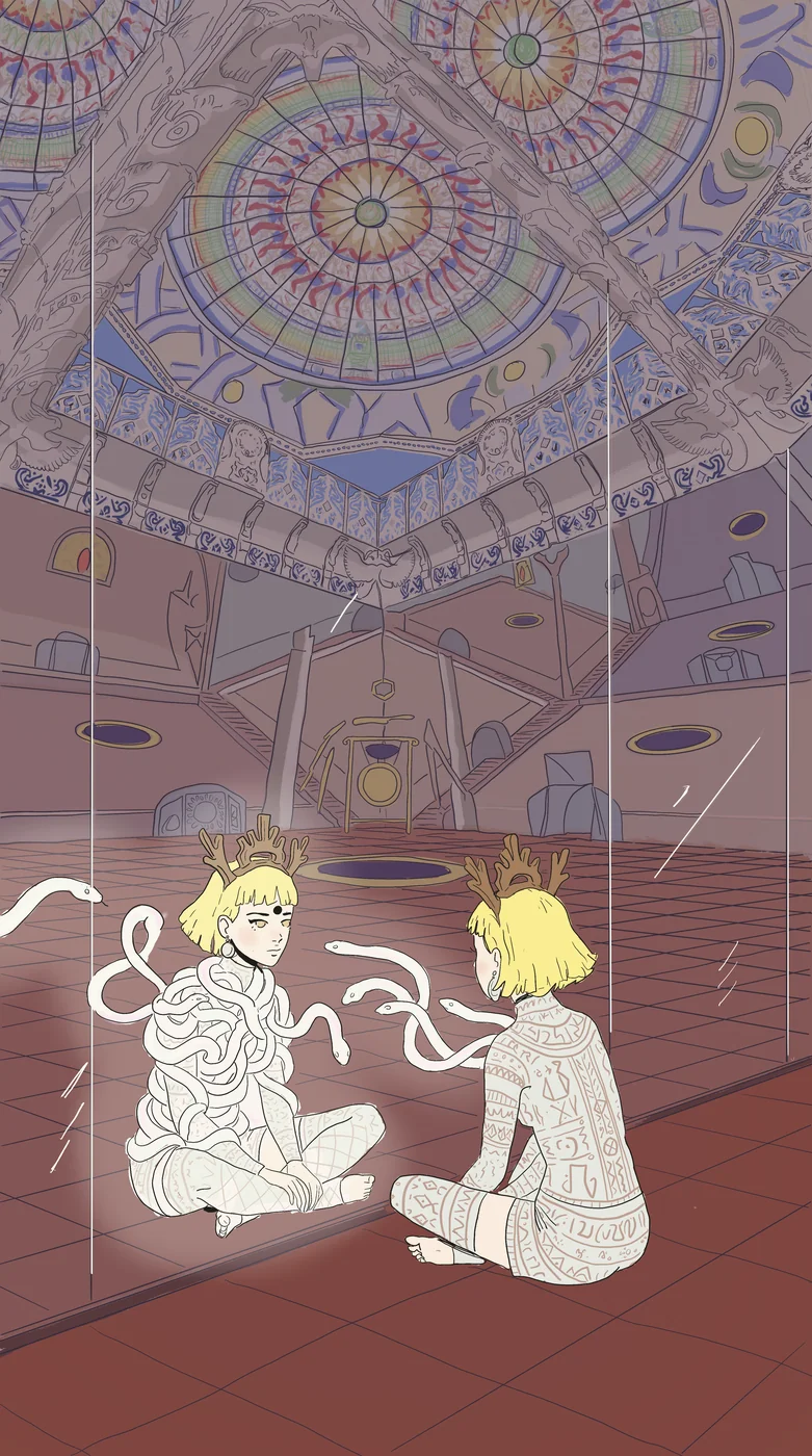 Embe sitting cross-legged in the Hall of Mirrors of the grand temple, gold antler crown, white serpents drifting around her body; her reflection in the mirror shows her wearing a patterned ritual bodysuit