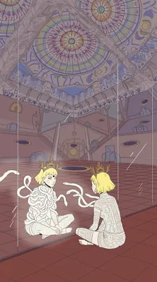 Embe sitting cross-legged in the Hall of Mirrors of the grand temple, gold antler crown, white serpents drifting around her body; her reflection in the mirror shows her wearing a patterned ritual bodysuit