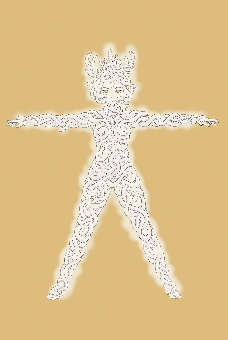 Embe in a vitruvian pose, body fully woven from pearlescent intertwined serpents — the spirit body integrated, in stillness