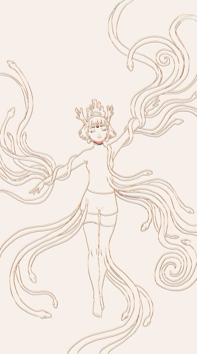 Embe with arms lifted, andelindormar streaming outward from her body in long ribbons, antler crown, eyes closed in concentration