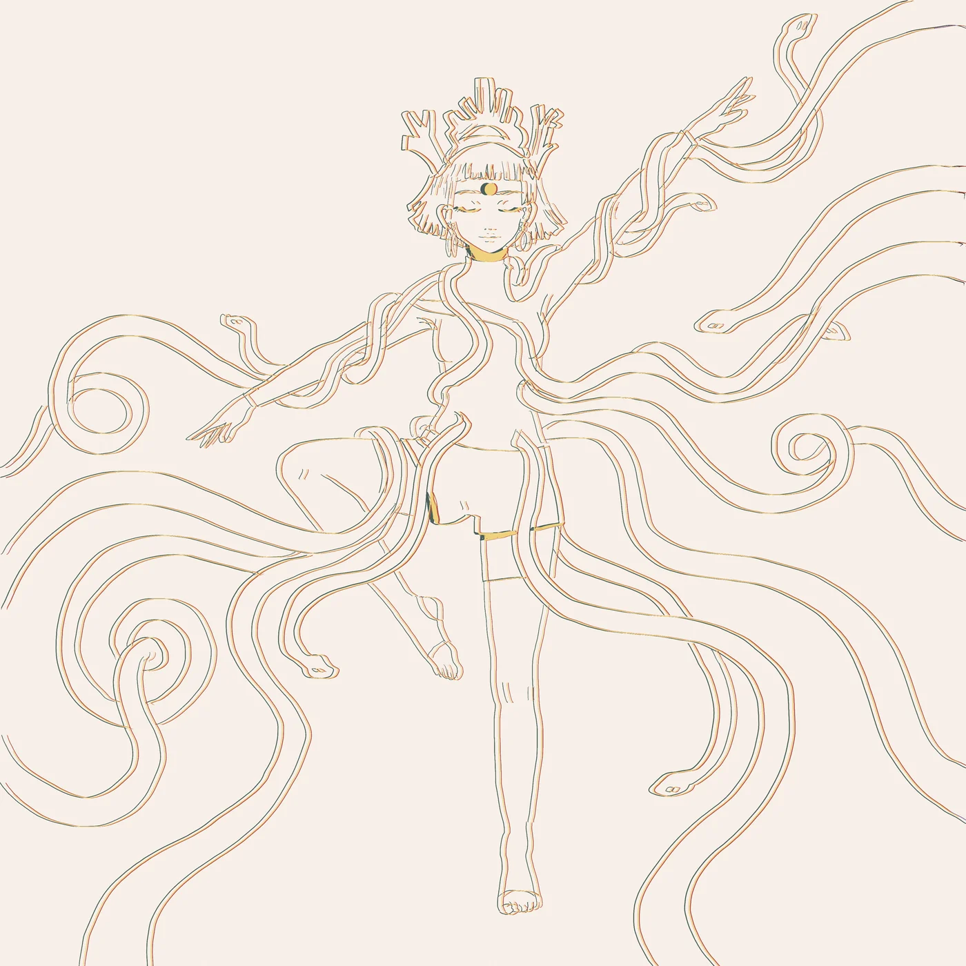 Embe with arms outstretched in a balanced pose, golden line-work serpents flowing wide around her body like a current