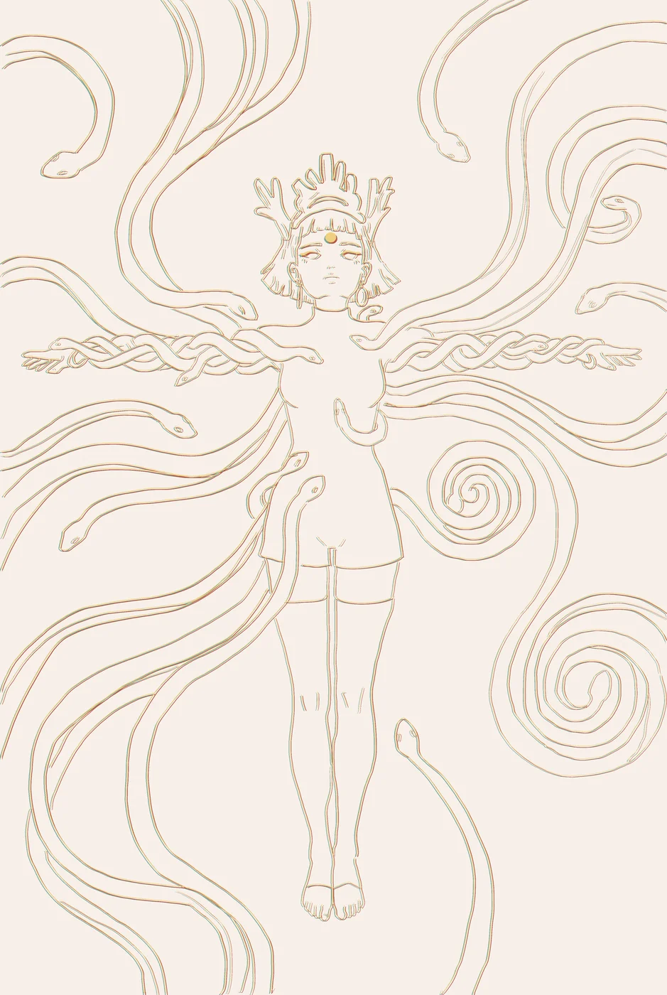 Embe with serpents fanning symmetrically outward, both arms raised, the andelindormar at the furthest reach of their travel
